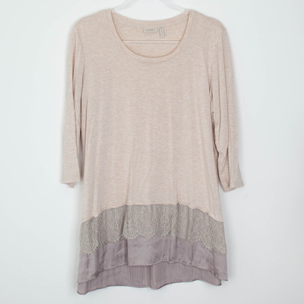 LOGO Lori Goldstein Womens Lace‎ Tunic Top Size XL Petite Tan Layers 3/4 Sleeve
